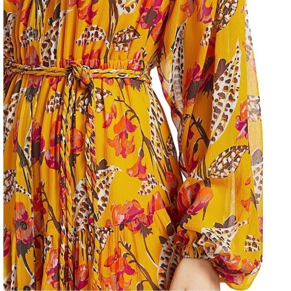 A.L.C. Yellow Floral Silk Jen Mini Dress Long Sleeve Belted Shirtdress Size XS S - Picture 13 of 16